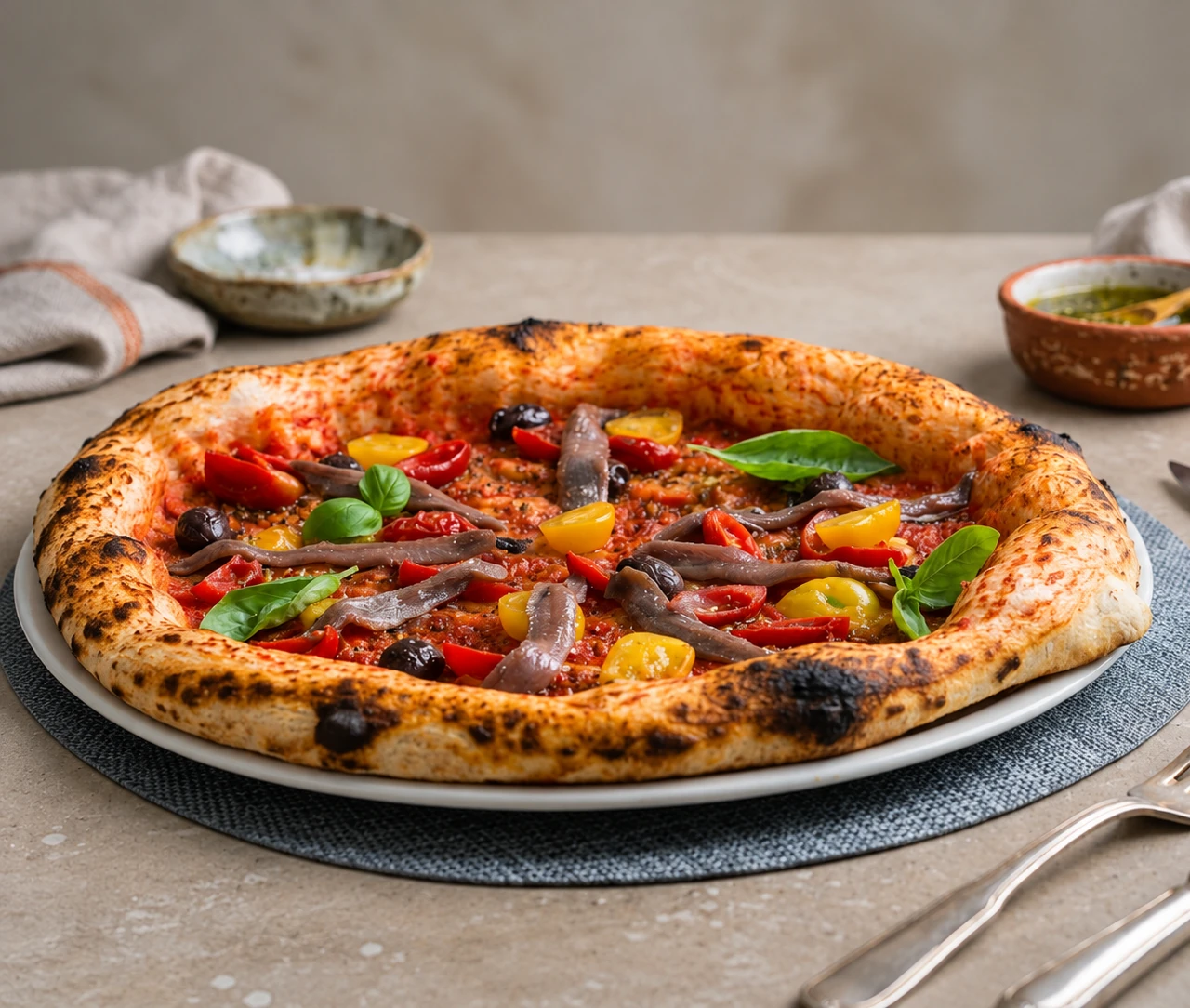 Marinara 2.0 con acciughe, pomodorini rossi e gialli e olive nere