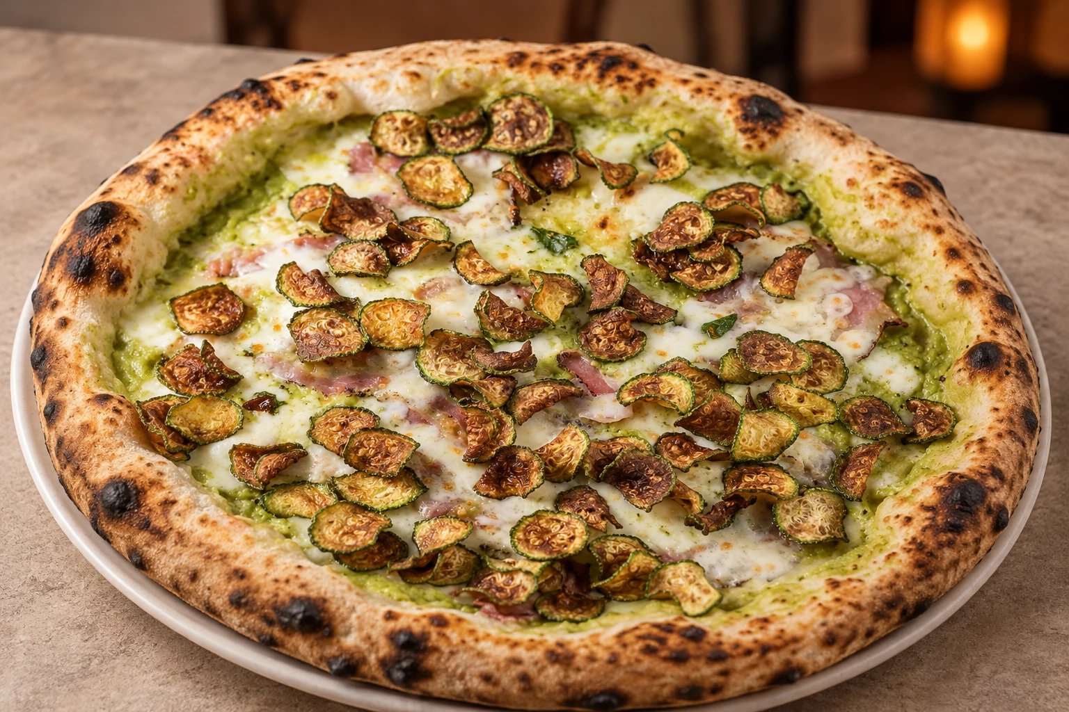 Mery Mè con crema di zucchine, fior di latte, pancetta e chips di zucchine