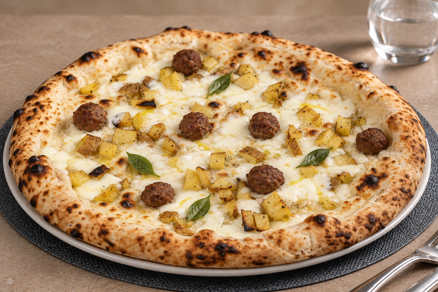 Patapop con patate al forno, polpettine, provola e basilico