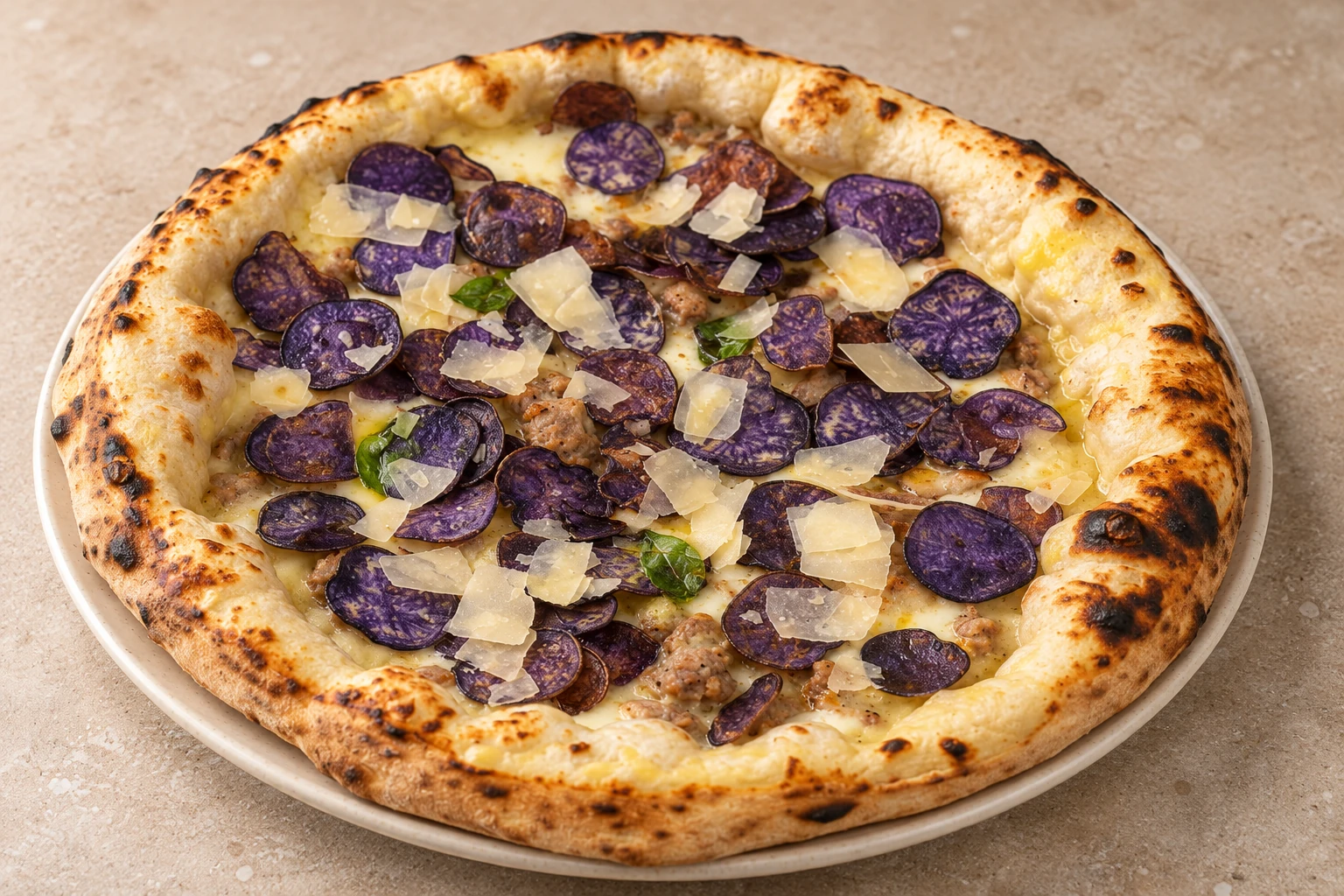 Sanremo con chips di patate viola, salsiccia e scaglie