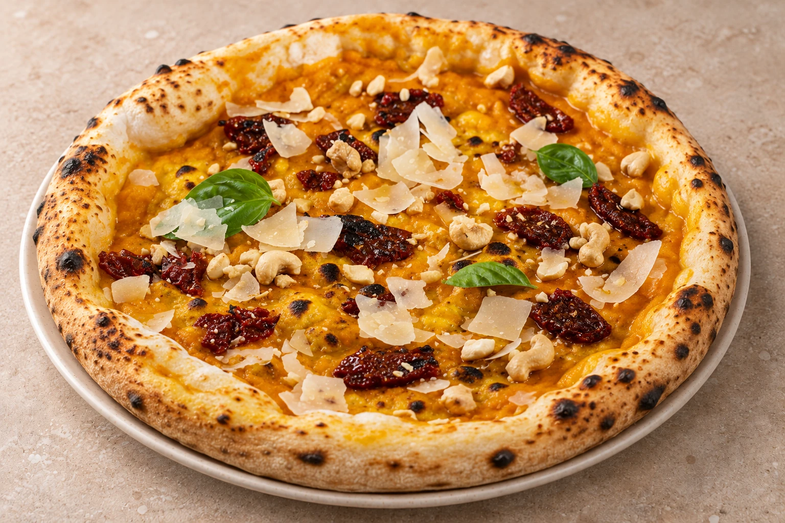 Zuccotta con vellutata di zucca, pomodori secchi, anacardi, scaglie e basilico